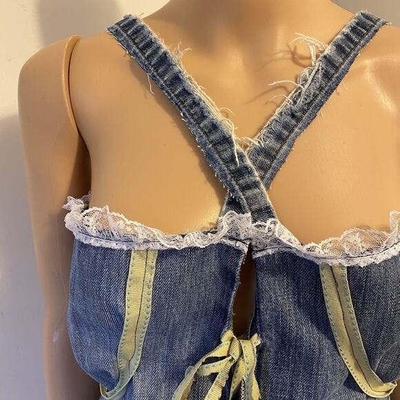 VTG OldNavy BlueDenim LaceTrim Corset Coquette Babydoll Handmade Up cycle L/XL - Picture 7 of 13